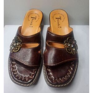 Think! Leather 36. Size 6 brown slippers. Comfort‎ Flat Granny vibe Unique Artzy
